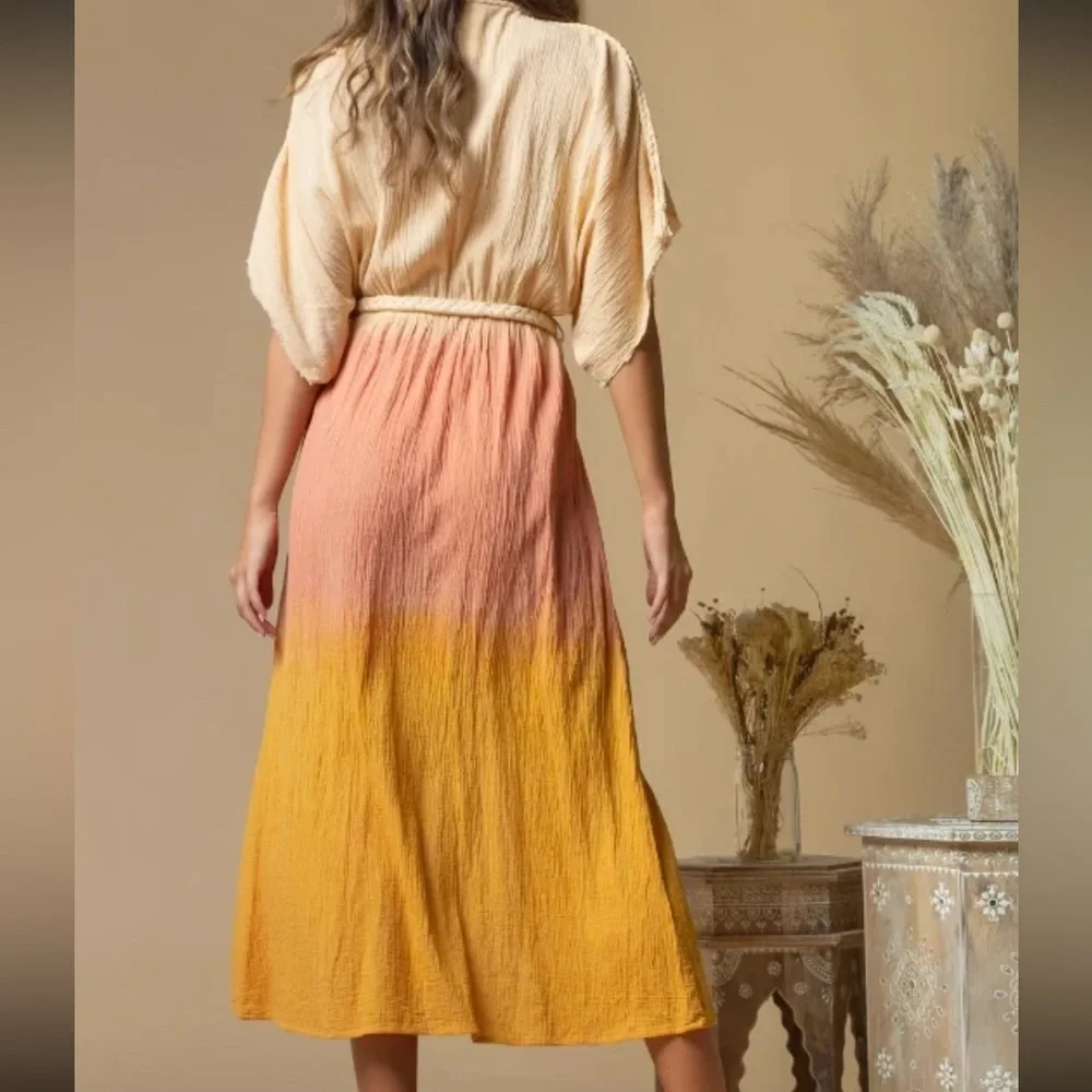 Z&L EUROPE Deep V-Neck Tassel Rope Belt Ombre Maxi Dress / Swim Cover Up - Picture 2 of 10